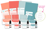 Graphic of Color Drop - Full Set Syndrome including the 4 new ink colors in full size ink, mini ink, refill, enamel dots, love to label stickers, and cardstock with text showing you get clear stamps with love to label stickers.