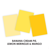 Graphic comparing banana cream pie, lemon meringue, and mango, all of them a yellow color.