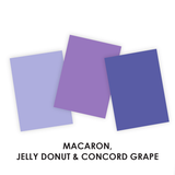 Graphic comparing three cardstock colors, macaron, jelly donut, and concord grape, all purple colors.