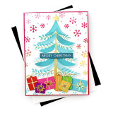 Handmade greeting card with tree on it and presents underneath with merry christmas sentiment on it.