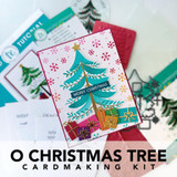 Graphic of O Christmas Tree Cardmaking kit that includes stencil, stamps, and steel die for paper crafting.