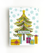 Handmade greeting card with tree on it with ornaments and presents underneath it with tis the season sentiment on it.