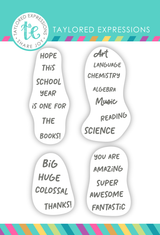 Graphic of 4 clear stamps with school sentiments on it for paper crafting.