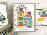 Handmade teacher themed greeting card with books on it, an apple, pencils, and a globe.
