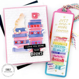 Handmade greeting card with books on it and a cat with I love you more than book sentiment on it.