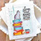 Handmade greeting card with books, a cat, and mug on it with sleep is good books are better sentiment on it.
