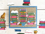 Handmade greeting card with books on it with a mug and no such thing as too many books stamp on it.