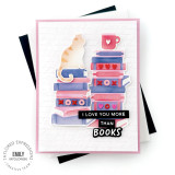 Handmade greeting card with books on it and a cat with I love you more than book sentiment on it.