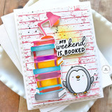 Handmade greeting card with books, a lamp, and a penguin on it with my weekend is booked sentiment on it. Handmade greeting card with books, a lamp, and a penguin on it with my weekend is booked sentiment on it.