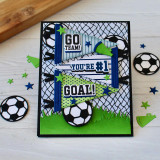 Handmade greeting card with three flags on it, a soccer ball, and three different team spirit sentiments on it.