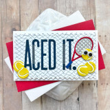 Handmade greeting card with Aced It sentiment on it with tennis balls around it and a net in the background. Handmade greeting card with Aced It sentiment on it with tennis balls around it and a net in the background.