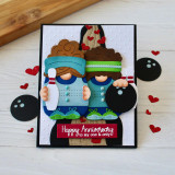 Handmade greeting card of two gnomes holding a bowling ball and bowling pin with happy anniversary to my one and only sentiment on it.