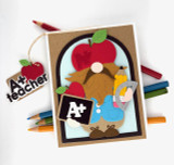 Handmade greeting card with a Gnome on it wearing an apple hat, holding an apple and pencil with A+ sentiment on it.