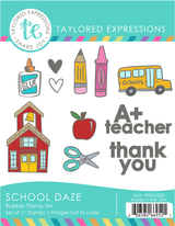 Graphic of School Daze red rubber stamp set that includes school themed stamps for papercrafting.
