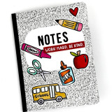 Handmade greeting card of a notebook looking card with school items on it and notes, work hard, be kind sentiments on it.