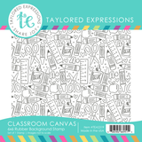 Graphic of classroom canvas 6x6 rubber background stamp with classroom supplies on it for papercrafting.