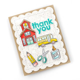Handmade greeting card with classroom supplies on it with school and school bus on it.