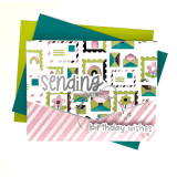 Handmade greeting card with postage stamps and envelopes on it with sending birthday wishes sentiments on it.