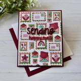 Handmade greeting card with postage stamps and envelopes on it with sending happy mail sentiment on it.