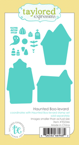 Graphic of Haunted Boo-levard steel dies which include three houses, candy corn, pumpkins, bats, and ghosts.