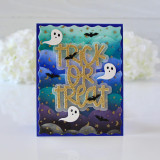 Handmade greeting card with clouds, ghosts, and bats on it with trick or treat sentiment on it.