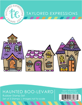 Graphic of Haunted Boo-levard red rubber stamp set that creates three haunted houses for papercrafting.