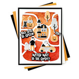 Handmade greeting card with haunted house, monsters, pumpkins, and cat on it with various halloween sentiments on it.