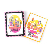 Two handmade greeting cards with haunted houses on it and one with too cute to spook sentiment on it and the other with creepin' it real sentiment on it.