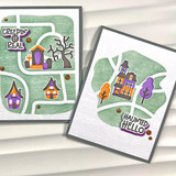Two handmade greeting cards with haunted house and graveyard on them with one having creepin' it real sentiment on it and the other having haunted hello sentiment on it.