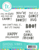 Graphic of Ghoul Vibes red rubber stamp set that includes halloween sentiments for papercrafting.