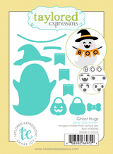 Graphic of ghost hugs steel die and clear stamp combo which includes a cut out of a ghost with faces, a pumpkin bag, and flags for a banner for papercrafting.