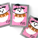 Three handmade greeting cards with ghosts on them with boo sentiments on each and too cute to spook sentiments.
