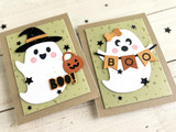 Two handmade greeting cards with ghosts on them and both with the sentiment boo on them.