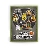 Handmade greeting card with haunted house, monsters, pumpkins, and a cat on it with happy halloween sentiment on it.
