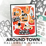 Graphic of Around Town Halloween Bundle which includes red rubber stamps and steel die that is halloween themed for papercrafting.