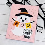 Handmade greeting card with ghost on it and boo sentiment with this is a ghost hug sentiment on it as well.