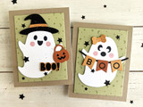 Two handmade greeting cards with ghosts on them and both with the sentiment boo on them.