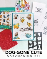 Graphic of Dog-gone Cute Cardmaking kit that includes a stamp, steel die, and insiders for papercrafting.