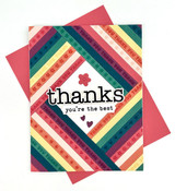Handmade greeting card with strips on it that say thank you with thanks, you're the best sentiment on it. Handmade greeting card with strips on it that say thank you with thanks, you're the best sentiment on it.