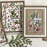Two handmade greeting cards with mistletoes on them and one with celebrate the season sentiment and the other with christmas wishes sentiments on it.