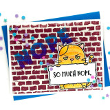 Handmade greeting card of cat holding a sentiment that says so much nope on it and nope written in the background.