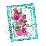 Handmade greeting card with sleigh on it and presents with santa claus is coming to down sentiment on it.