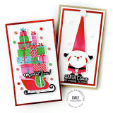 Two handmade greeting cards, one with a sled and presents on it and one with santa on it.