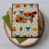 Handmade greeting card with geometric patterns with pumpkins, leaves, and bows on it with thankful for you sentiment on it.