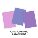 Graphic comparing three TE premium cardstock colors: popsicle, dried fig, and jelly donut, all which are shades of purple.