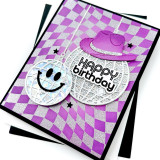 Handmade greeting card with disco balls on it with one having a cowgirl hat on with happy birthday sentiment on it. Handmade greeting card with disco balls on it with one having a cowgirl hat on with happy birthday sentiment on it.