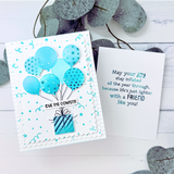 Handmade greeting card with balloons on it and an insider panel next to it with may your joy stay inflated all the year through, because life's just light with a friend like you sentiment on it.