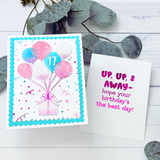 Handmade greeting card with balloons on it and an insider panel next to it with up, up, & away- hope your birthday's the best sentiment on it.