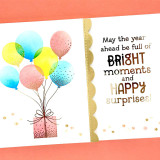 Handmade greeting card with balloons on it and a insider panel next to it with a birthday sentiment on it. Handmade greeting card with balloons on it and a insider panel next to it with a birthday sentiment on it.