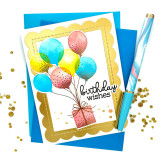 Handmade greeting card with balloons holding up a present on it with birthday wishes sentiment on it. Handmade greeting card with balloons holding up a present on it with birthday wishes sentiment on it.